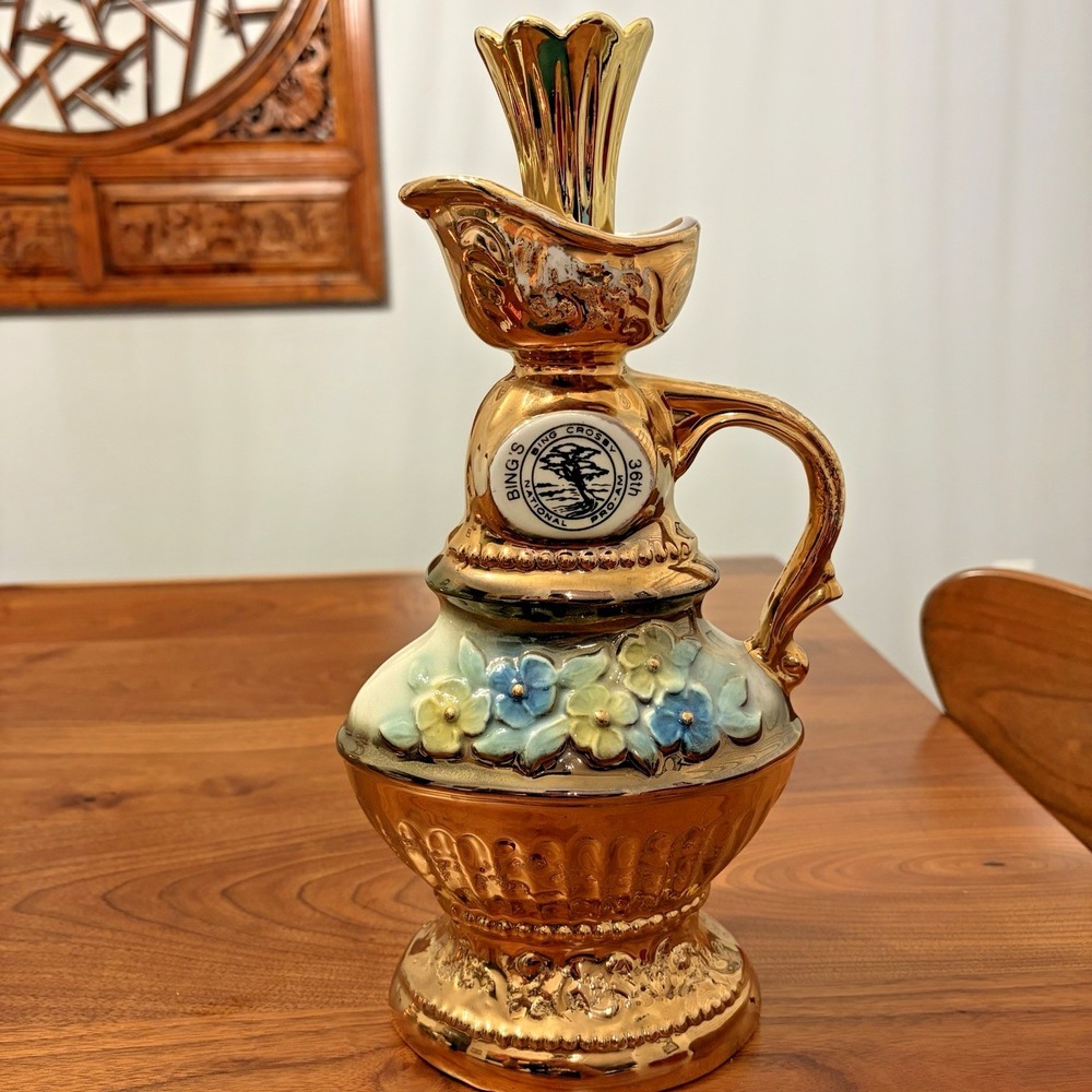 Jim Beam Decanter Floral Heavy Gold Accents 1976 Beam Empty w/ Topper